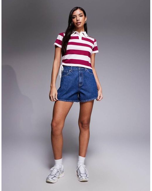 The Frolic Blue Exclusive Cotton Colla Ruched Side Polo Top