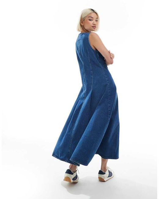 ASOS Blue Button Down Denim Maxi Dress With Waist Darts