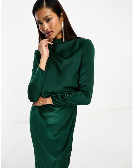ASOS Green Satin Tuck Detail Maxi Dress With Ruched Detail