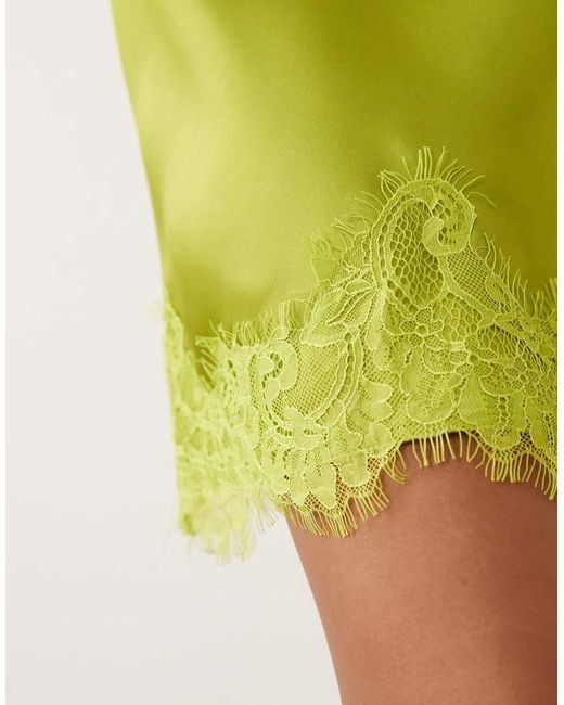 ASOS Green Slash Neck Satin Mini Dress With Lace Hem