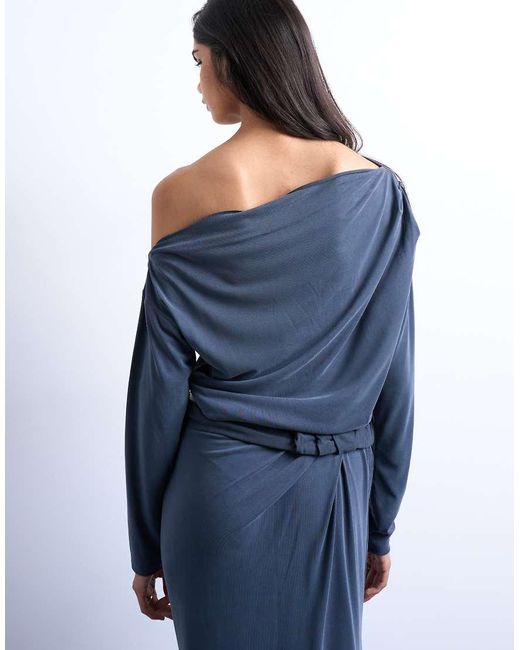 TOPSHOP Blue Cupro Long Sleeve Off The Shoulder Twist Detail Top