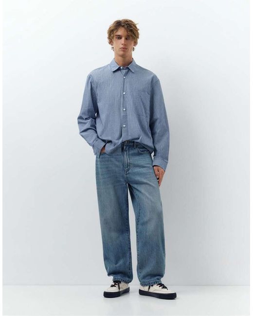 Pull&Bear Blue Striped Long Sleeve Shirt for men
