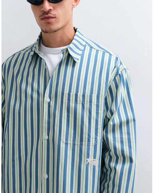 ASOS Blue Oversized Poplin Stripe Shirt With Chest Embroidery for men