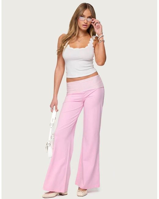 Edikted Pink Meshey Striped Fold Over Pants