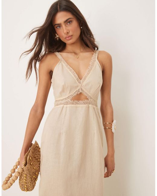 Never Fully Dressed Natural – mimi – midaxi-kleid aus hellbeigem leinen mit zierausschnitt