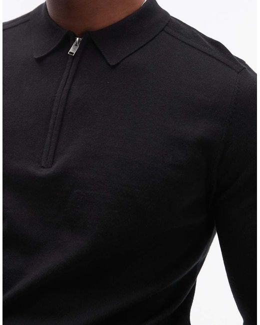 SELECTED Black 100% Cotton Long Sleeve Half Zip Polo for men