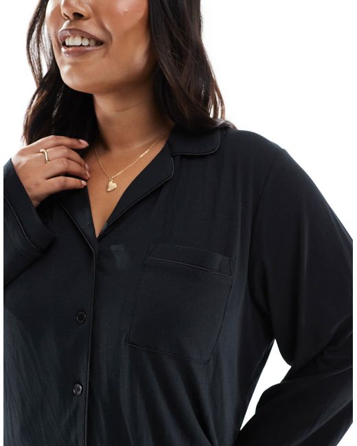 Loungeable Blue Curve Super Soft Jersey Revere Top And Wide Leg Pants Pyjama Set With Piping Detail