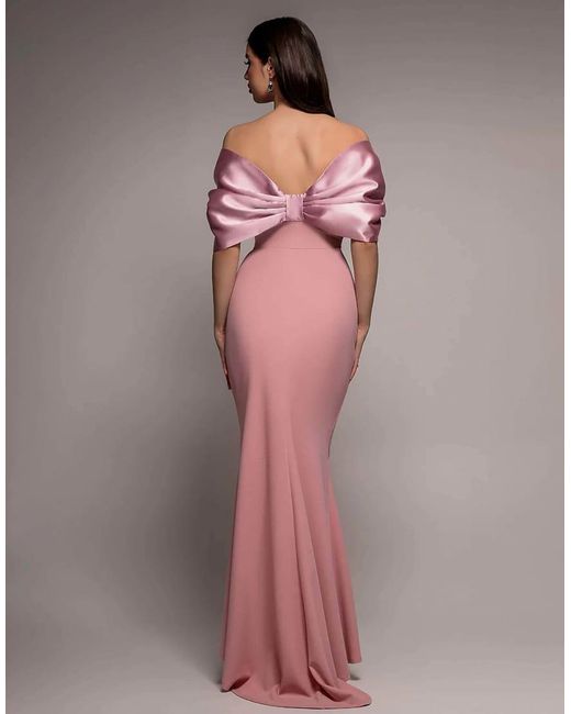 Goddiva Pink Off Shoulder Back Satin Bow Maxi Dress