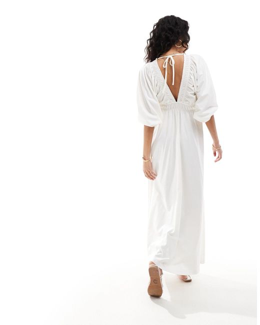 ASOS White Plunge Elastic Tea Midi Dress With Ruched Waist