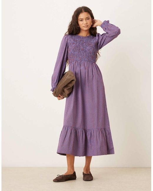 Neon Rose Purple Shirred Detailed Long Sleeve Midaxi Dress