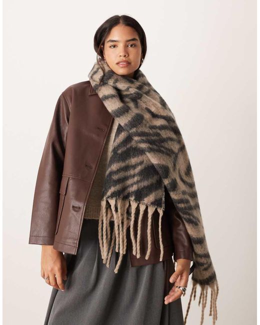 ASOS Brown Woven Scarf With Fluffy Zebra Design