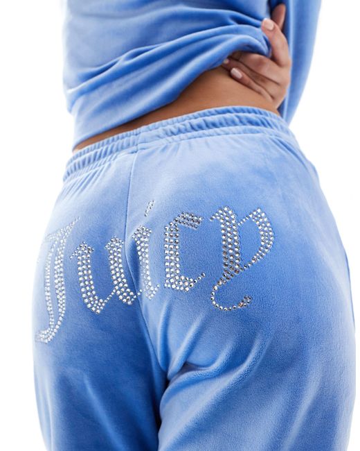 Juicy Couture Blue Diamante Logo Velour Straight Leg joggers Co-ord Washed Denim