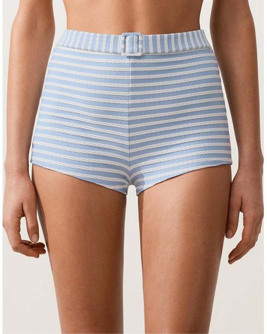 Oysho Blue Striped Textured High-waisted Bikini Shorts With Belt Detail
