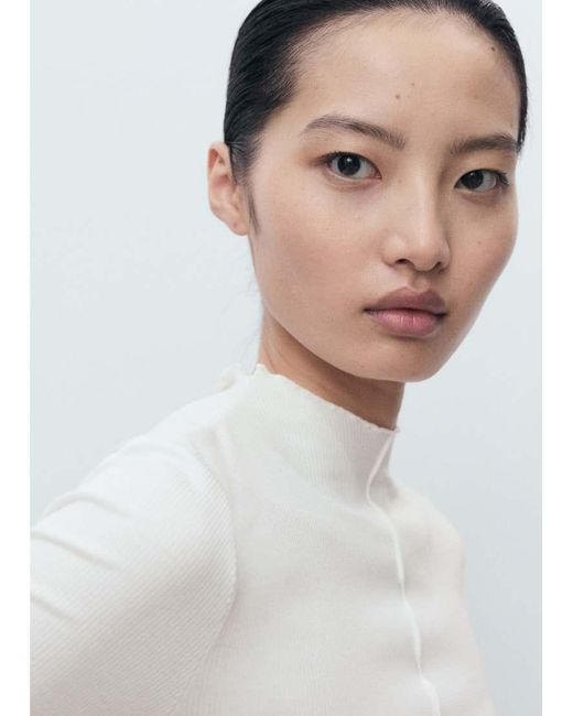 Mango White High Neck Long Sleeve Top