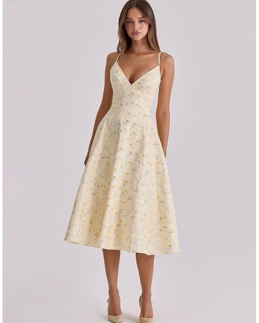 House Of Cb Natural Millie Lemon Floral Print Strappy Cotton Midi Sundress