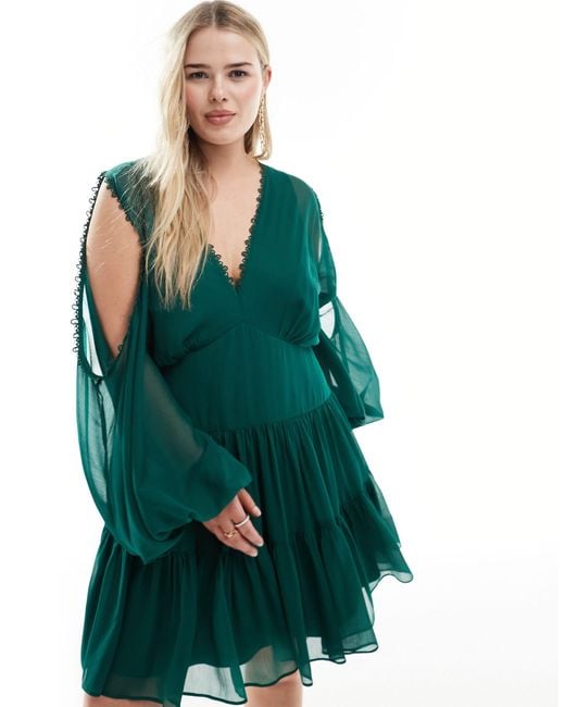 ASOS Green Asos Design Curve Cold Shoulder Tiered Mini Dress With Lace Insert