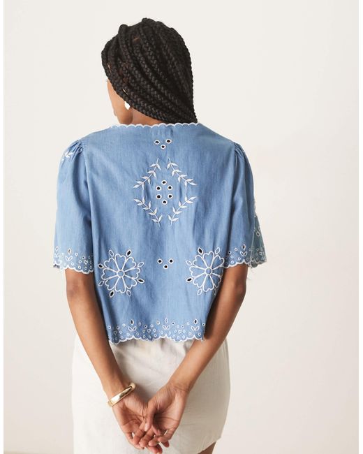 Nobody's Child Blue Tie-detail Embroidered Denim Top