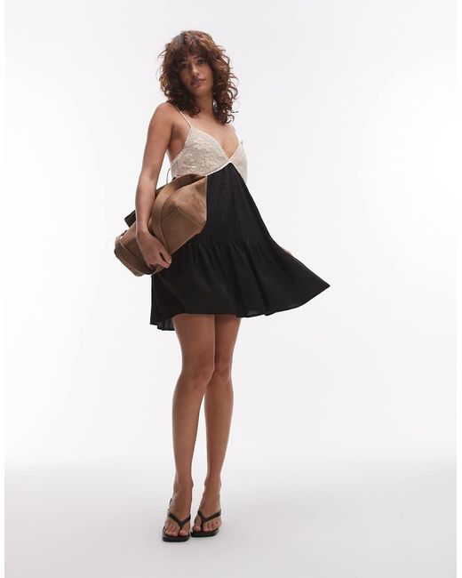 TOPSHOP White Pintucked Waist Crochet Bust Mini Dress