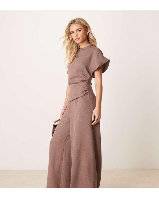 ASOS Brown Asos Design Petite Linen Look Open Back And Ruched Detail Jumpsuit