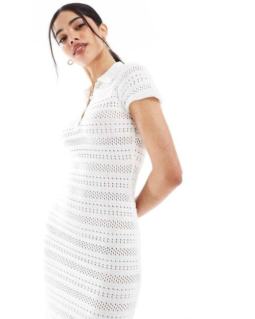 Bershka White Ribbed Knit Polo Maxi Dress