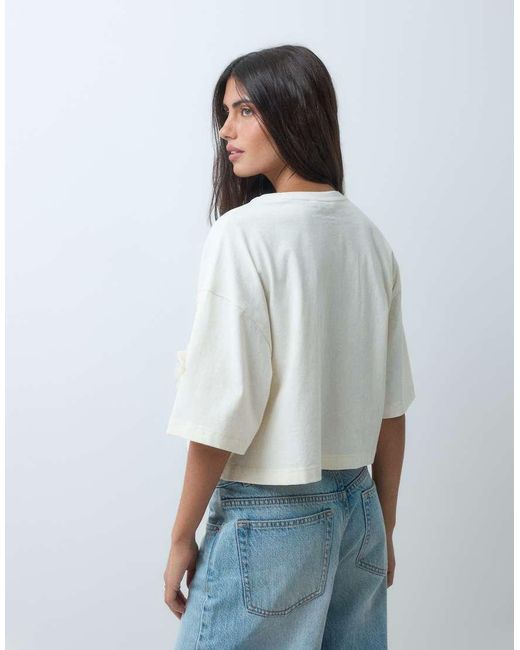Miss Selfridge Blue Cropped Boxy T-shirt With 3d Flowers