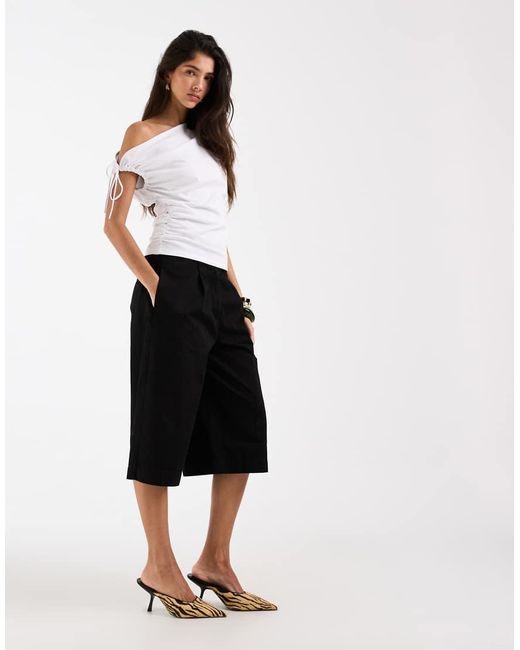 ASOS White Ruched Sleeve Fallen Shoulder Waisted Tee
