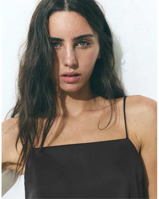 Pull&Bear Black Satin Fabric Strappy Top