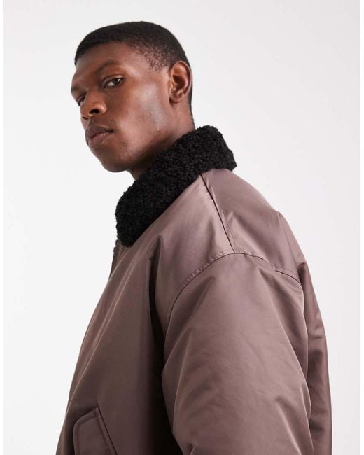 ASOS Brown Coach Jacket With Faux Fur Collar for men