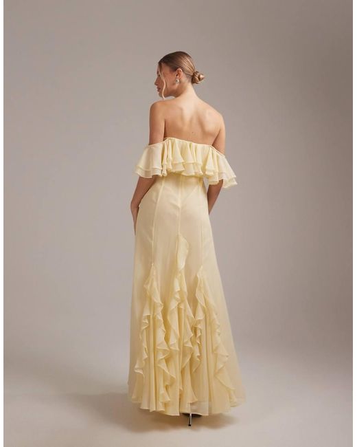 ASOS Brown Bridesmaids Bardot Ruffle Chiffon Maxi Dress