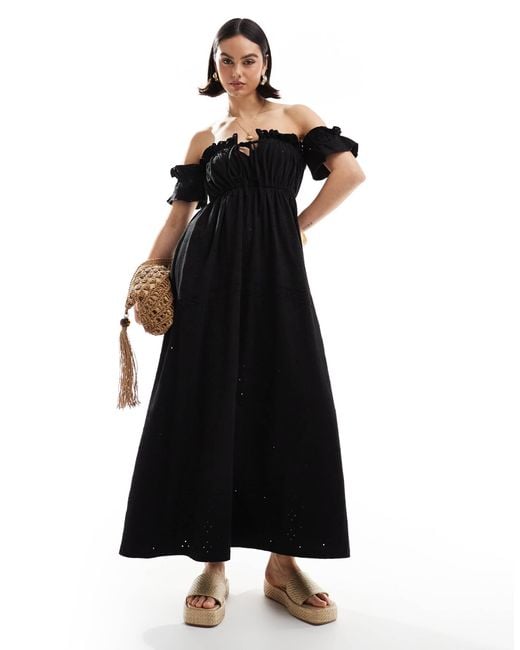 ASOS Black Broderie Frill Bardot Maxi Dress
