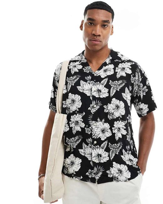 Camicia A Fiori Bianca E Nera Con Colletto Con Rever di Jack & Jones in White da Uomo