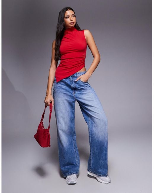 ASOS Red Slinky Grown On High Neck Gathe Asymmetrical Hem Top