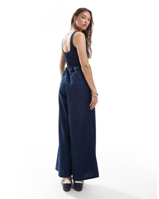 ASOS Blue Soft Denim Wide Leg Jumpsuit With Shirred Body