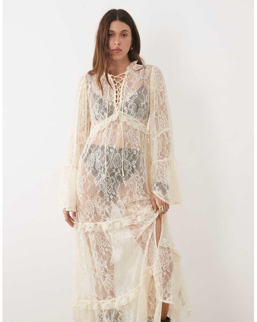 Miss Selfridge Natural Tiered Lace Maxi Dress