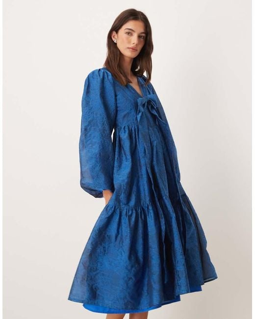 Sister Jane Blue Sunrise Exclusive Jacquard Balloon Sleeve V-neck Bow Detail Midi Dress