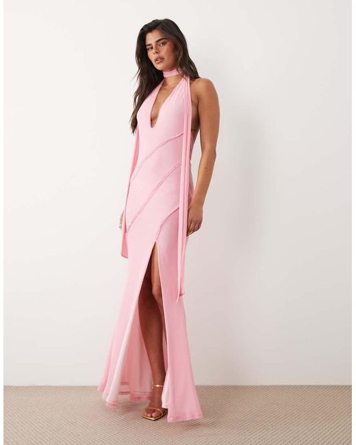 ASOS Pink Scarf Detail Plunge Halter Maxi Dress With Raw Seam Details