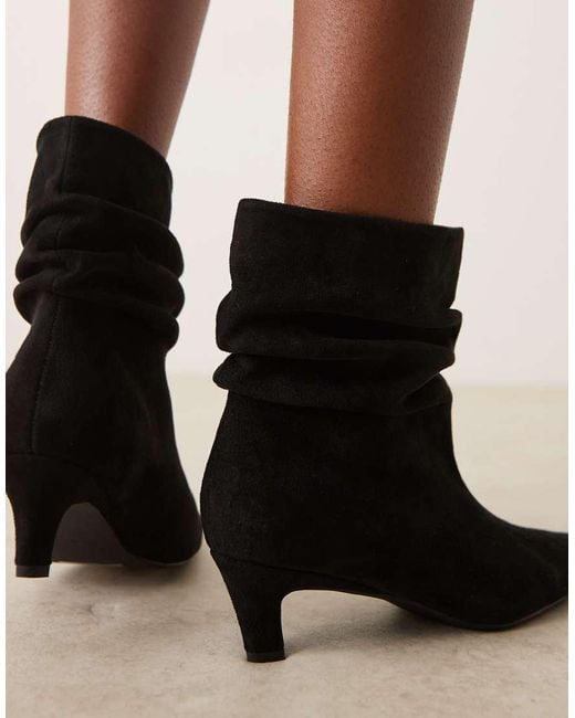 Glamorous Black Kitten Heel Ruched Mid Ankle Boots