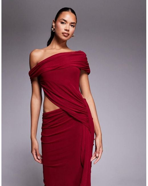 ASOS Gerimpelde Midi-Jurk Van Mesh Met Blote Schouders En Sjerp Met Ruches in het Red