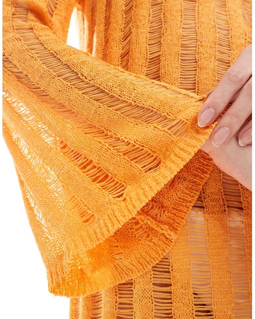 Vila Orange Open Knit Chuck On Beach Dress