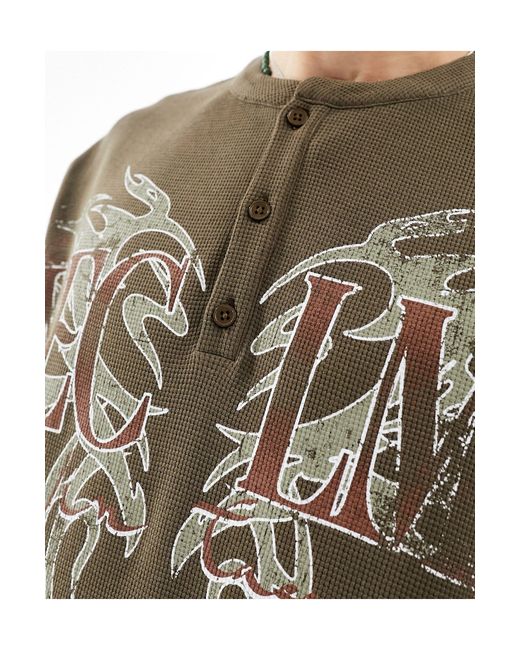 Reclaimed (vintage) Brown Notch Neck Waffle Henley With Tattoo Graphic for men