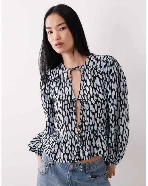 Wednesday's Girl Black Tie Detailing Long Sleeve Smudged Dots Blouse