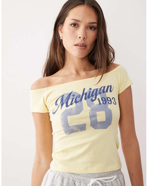 ASOS Blue Off Shoulder Baby Tee With Michigan Graphic