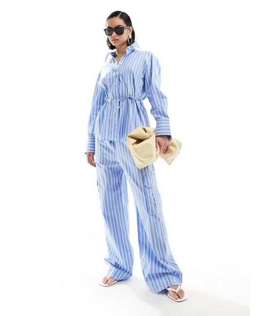 Mango Blue Straight Leg Tie Waist Striped Co-ord Trousers