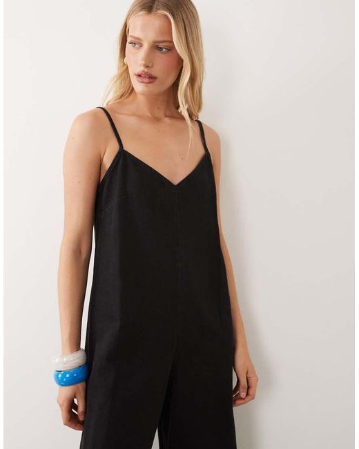 ASOS Black Soft Denim Jumpsuit With Wide Leg