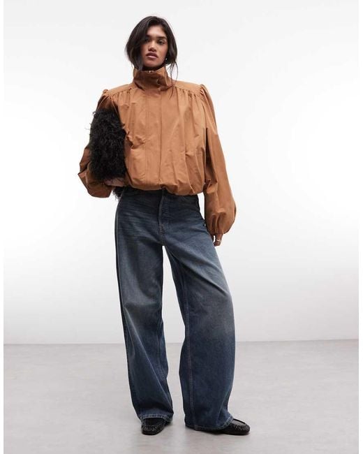 Monki Natural Balloon Sleeve High Neck Trench Coat