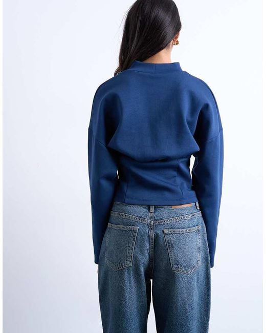 TOPSHOP Blue Interlock Corset Waist Long Sleeve Top