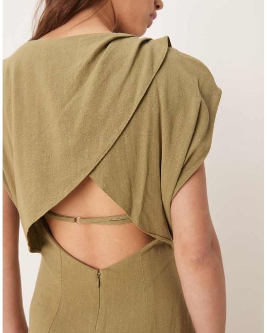 ASOS Green Linen Open Back Draped Waist Midi Dress