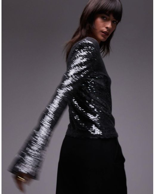 & Other Stories Black All Over Sequin Top With Fringe Sequin Sleeve Detail