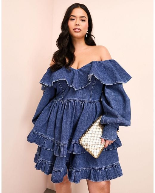 ASOS Blue Curve Denim Ruffle Plunge Tiered Mini Dress With Diamante Buttons