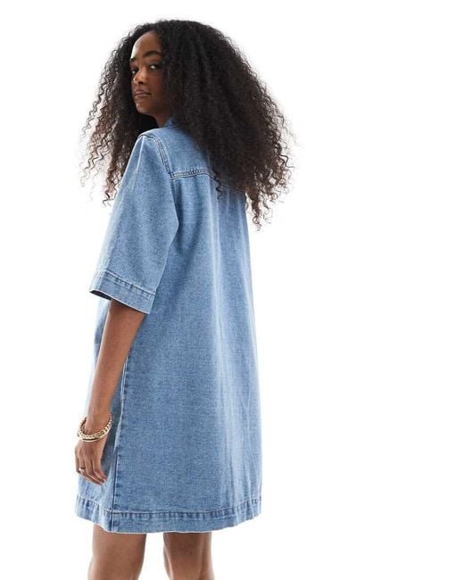 Vero Moda Blue Oversized Button Front Short Sleeve Denim Dress